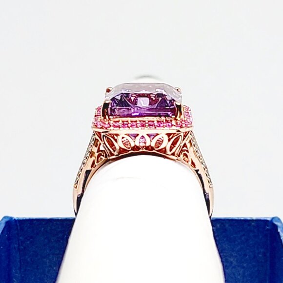 Premium Rose de France Amethyst, Pink Sapphire & Zircon ring in RG over 925SS s8 - Picture 6 of 6